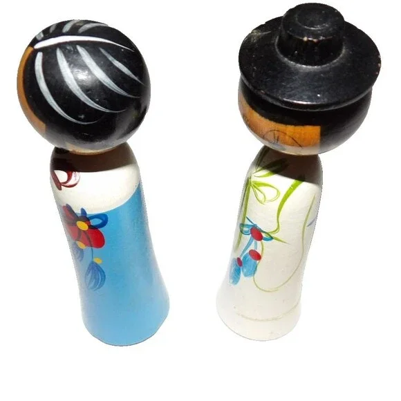 Korean Wooden Kokeshi Dolls Wedding Bride Groom Bobble Head Vintage Blue White - Picture 3 of 8